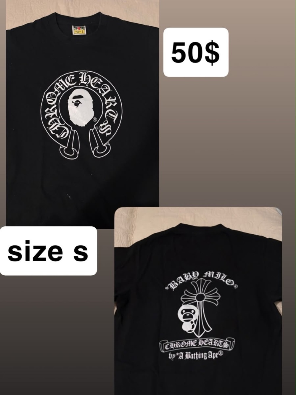 Bape Black Graphic Baby Milo x Chrome Hearts Style Tee